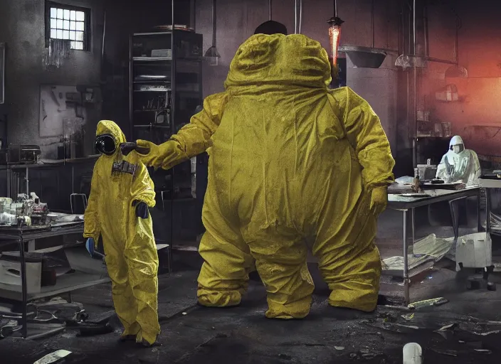 Prompt: a huge horrific blobby flesh creature grows out of control in a grungy science lab, horror movie scene, a man in a hazmat suit watches helplessly