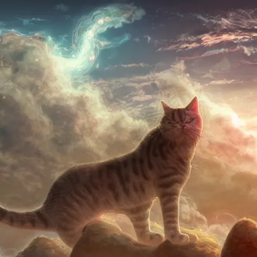 Image similar to the ancient world, hyper complexity, highly detailed, cinematic lighting, pastel colored sunrise, flying robotic cats with gold metal huge wings on its back in the cloudy sky, sharp outlines, complete whole cat body, another sleeping cat face in the clouds watching each other, hyperrealistic, trending on pixiv fanbox, love death robot,