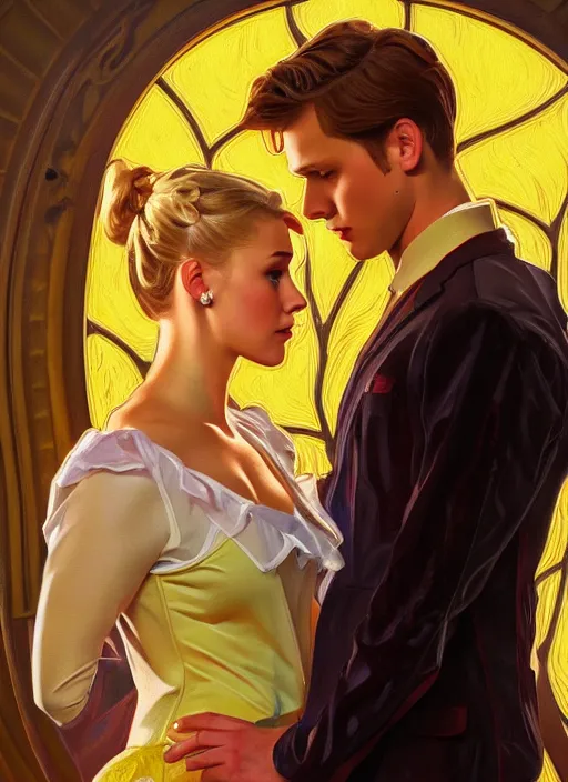 Image similar to oil painting of betty cooper and jason blossom, intricate, elegant, highly detailed, lighting, painting, artstation, smooth, illustration, art by greg rutowski and alphonse mucha