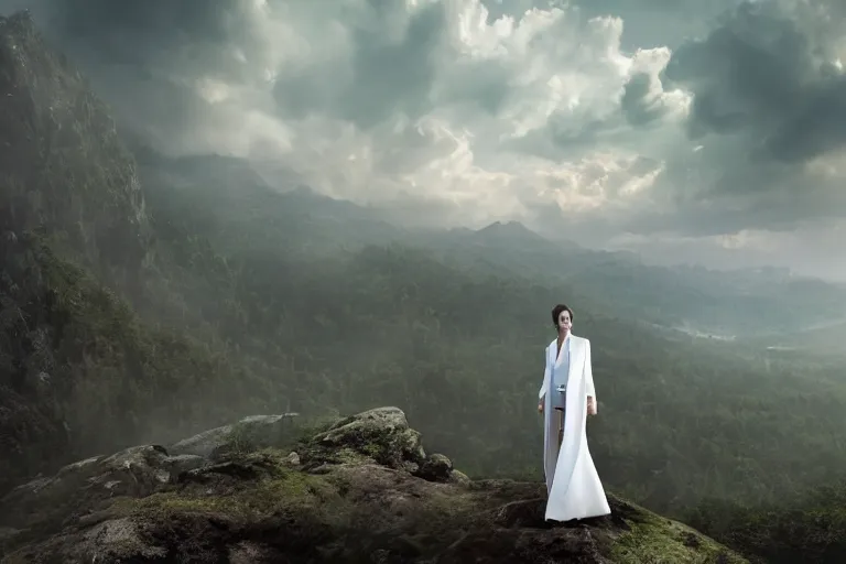 Image similar to a cinematic portrait of a beautiful middle aged woman wearing futuristic white suit on the top of a mountain, overlooking a vast serene forest, large diffused light, neon light, 4 k, ultra realistic, dramatic lighting, rain, clouds, fog, vogue, fashion, glamour, magazine spread, by marco mazzoni and jessica rossier