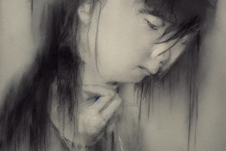 Prompt: a sad japanese lady by jeremy mann - graphite sketch