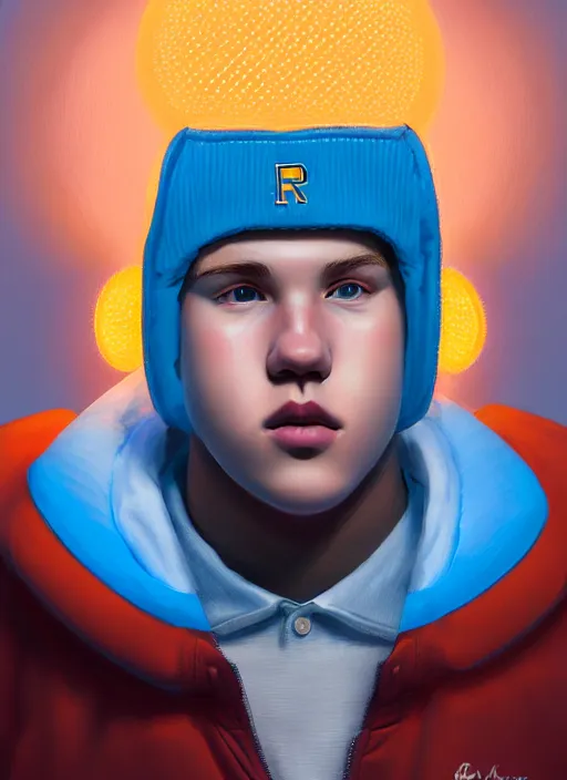 Image similar to portrait of high school senior boy named big moose, blonde short hair, jock, beefy, wide face, square jaw, square facial structure, blue varsity jacket with letter r, intricate, elegant, glowing lights, highly detailed, digital painting, artstation, concept art, sharp focus, illustration, art by wlop, mars ravelo and greg rutkowski