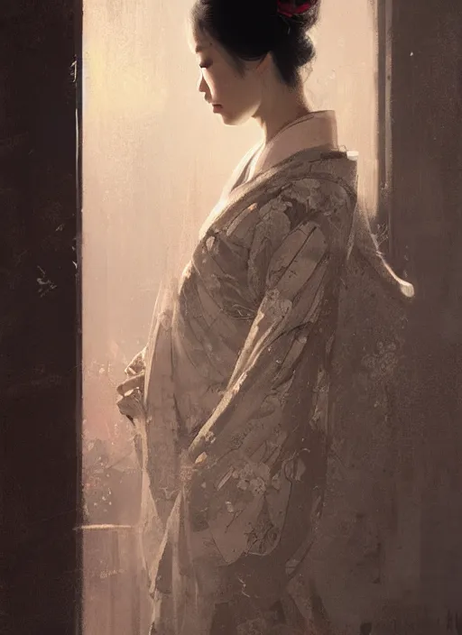 Image similar to female geisha girl, beautiful face, rule of thirds, intricate outfit, spotlight, by greg rutkowski, by jeremy mann, digital painting