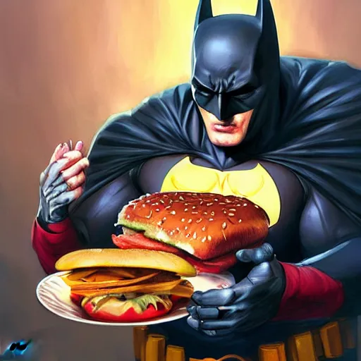 Prompt: Batman eating hamburger by Mandy Jurgens