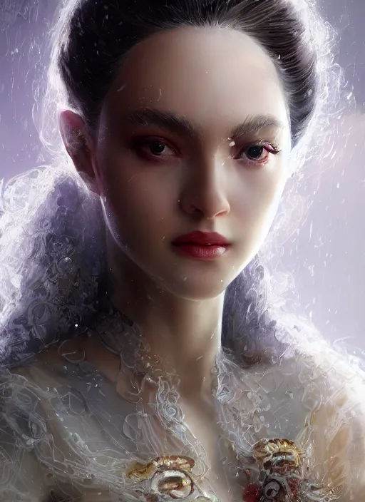 Prompt: portrait of royal princess, intricate silk clothing, beautiful face, big lips, fantasy, digital illustration, hyperealisism, award winning, octane renderer, cinematic lighting, particles, style of wlop, greg rutkowski, ruan jia, artgerm, yasar vurdem, symmetrical face