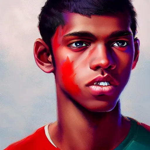 Image similar to colorful and festive captivating teenager with straight brown hair covering his eye, dark skin, big lips, big eyes, wearing a red t - shirt. rich vivid colors, ambient lighting, dynamic lighting, 4 k, atmospheric lighting, painted, intricate, highly detailed by charlie bowater