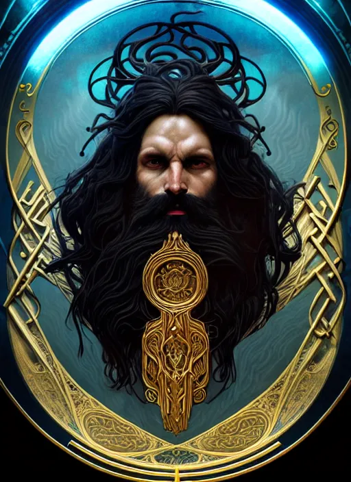 Image similar to furious god zeus, wavy black hair, bushy beard, glowing eyes, volumetric lights, cyan and gold scheme, art nouveau botanicals, gothic, intricate, highly detailed, digital painting, artstation, concept art, smooth, sharp focus, symmetric face, illustration, steampunk, art by artgerm and greg rutkowski and alphonse mucha