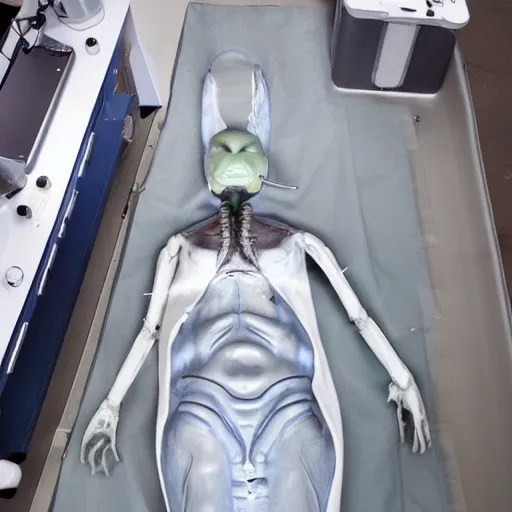 Image similar to alien autopsy, drone view