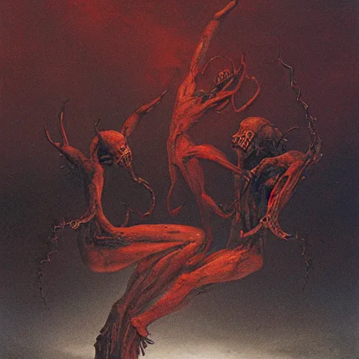 Image similar to two demons dance ballet in hell, beksinski, dariusz zawadzki, very coherent symmetrical artwork. cinematic, hyper realism, high detail, octane render, 8 k