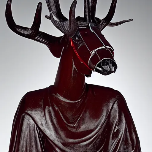 Prompt: an ominous haunting horse mask with many red eyes and twisting antlers figure wearing a black robe, ( ( ( head turned to the right ) ) ), full figure, statue