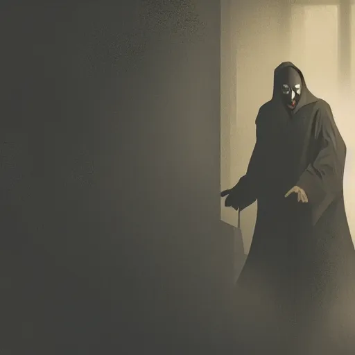 Image similar to the magician with a black robe inside a abandoned house, shadows, lurker, artstation