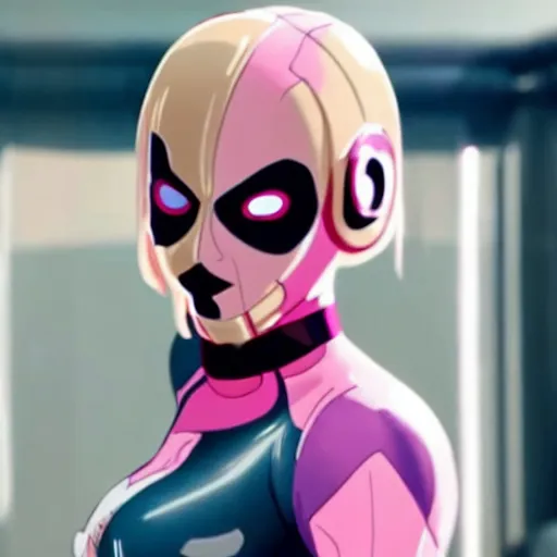 Image similar to A still of Gwenpool in Deadpool 3 (2023), no mask, blonde hair with pink highlights