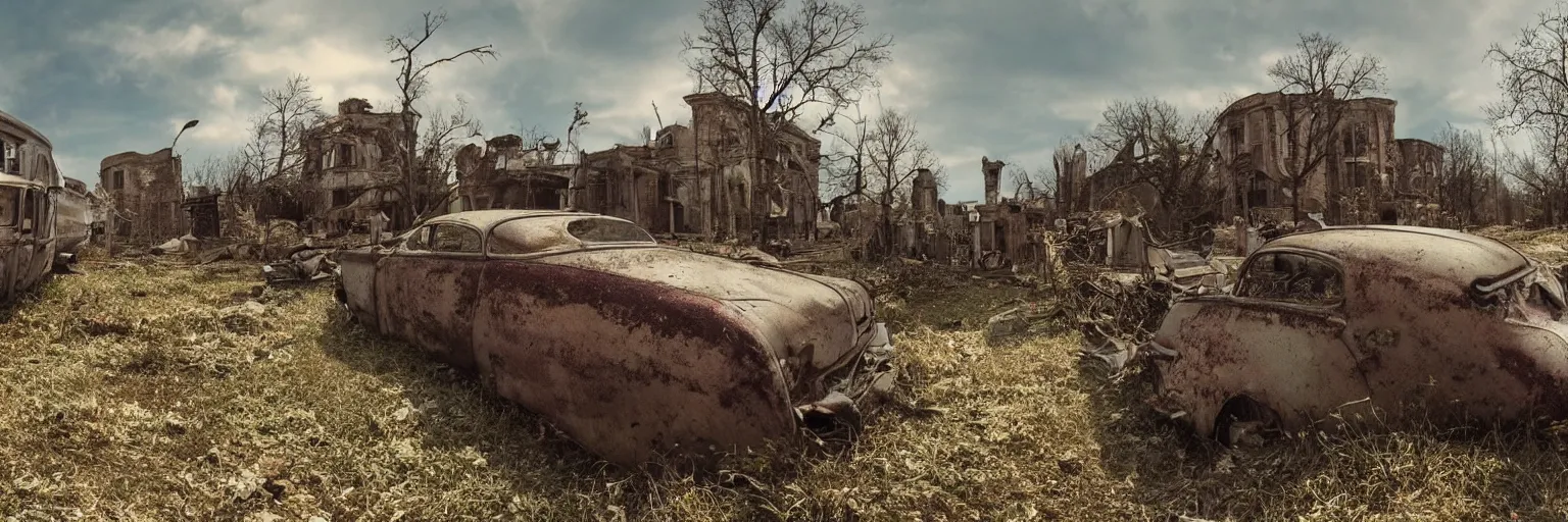 Image similar to low wide angle shot of dilapidated fallout 5 europa, retro futuristic overgrown euro rural town, desolate, dilapidated houses, few rusted retro futuristic vintage parked vehicles like cars, raiders on partrol, volumetric lighting, photorealistic, daytime, autumn, cold sunny weather, sharp focus, ultra detailed, 4 2 0 0 k