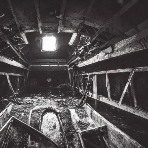 Prompt: the interior of a flooded rusty shipwreck, dark, scary lighting, scary, creepy, eerie, horror, submechanophobia, murky water, underwater photograph,