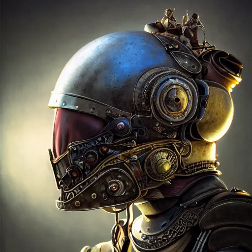 Image similar to dan mumford tom bagshaw, dream world curiosities carnival flying, photorealistic medium shot octane render of a single very beautiful thicc female helmet face full long cyberpunk metallic armored ornate, accurate features, focus, very intricate ultrafine details, award winning masterpiece, steampunk world spikes