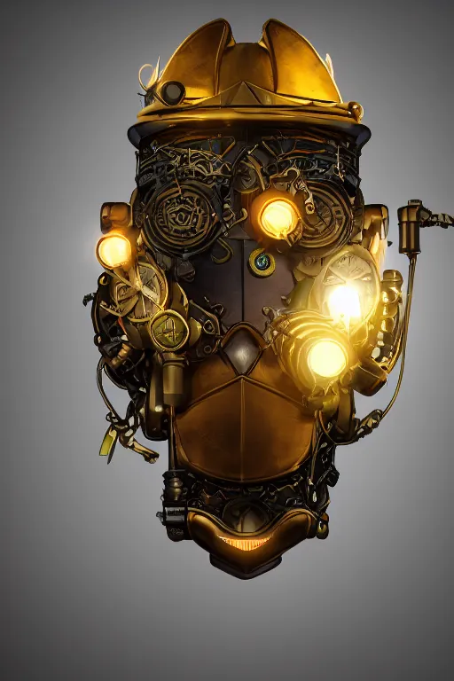 Image similar to steampunk mask minimalist fantasy art robot ninja helmet, global illumination ray tracing hdr fanart arstation by sung choi and eric pfeiffer and gabriel garza and casper konefal radiating a glowing aura