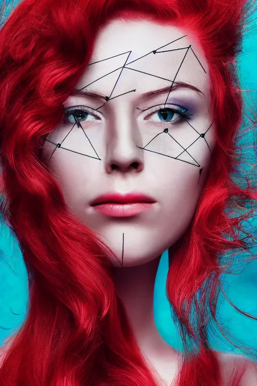 Prompt: the queen with scarlet hair spread out in geometric patterns, cinematic lighting, various refining methods, micro macro autofocus, ultra definition, award winning photo