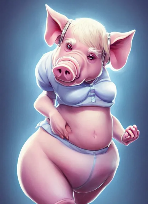 Prompt: Full body Chubby character portrait of a female humanoid pig with a pigtail. She has a cute beautiful attractive detailed pig snout face. She is wearing a Puffy white shirt and jeans. Character design by charlie bowater, ross tran, artgerm, and makoto shinkai, detailed, inked, western comic book art