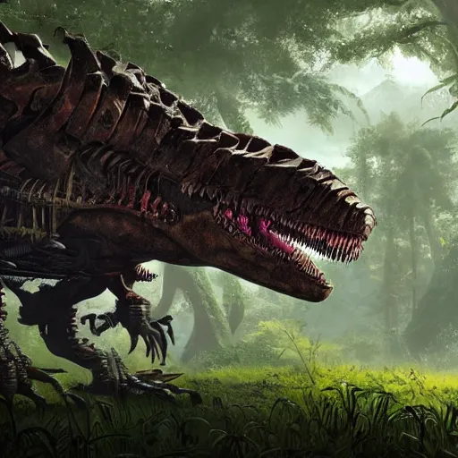 Image similar to A part cyborg part dinosaur hybrid of a T-Rex strolling along a lush green forest from the playstation 5 game Horizon Zero Dawn world, half cyborg T-Rex, sci-fi concept art, highly detailed, oil on canvas by James Gurney