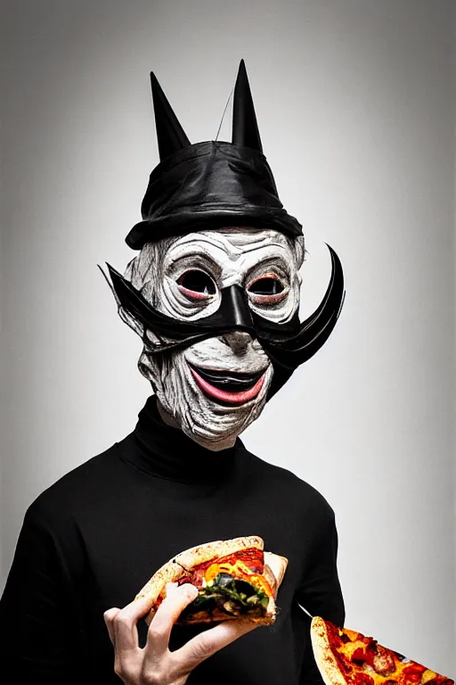 Image similar to portrait photo of an old wrinkled man, skinny face, bony face, long crooked nose, large gaping mouth, black pulcinella mask, masquerade mask, pointy conical hat, white wrinkled shirt, holding pizza, presenting pizza, close - up, skin blemishes, menacing, intimidating, masterpiece by herb ritts