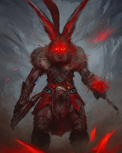 Image similar to Rabbit Berserker, rage, maniac, war paint, red, Khorne, magic the gathering artwork, D&D, fantasy, cinematic lighting, centered, symmetrical, highly detailed, digital painting, artstation, concept art, smooth, sharp focus, illustration, volumetric lighting, epic Composition, 8k, art by Akihiko Yoshida and Greg Rutkowski and Craig Mullins, oil painting, cgsociety