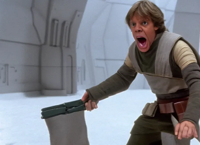 Prompt: a still from The Empire Strikes Back of Luke Skywalker dramatically shouting no