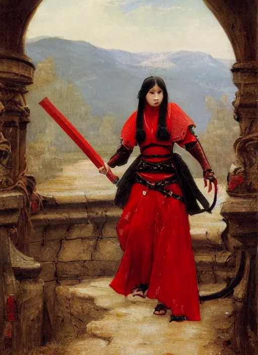 Image similar to woman in dark and red princess dragon armor, she is holding a katana sword, walking on an ancient bridge next toa waterway. by william henry hunt