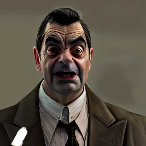 Prompt: mr. bean as thanos from the avengers movie. highly detailed digital painting, movie still. cinematic lighting.! dream mr. bean as thanos from the avengers movie. movie still. cinematic lighting.