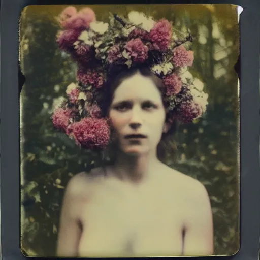 Image similar to portrait of a beautiful woman covered in flowers, Forest, ray gods, 1910 polaroid photography