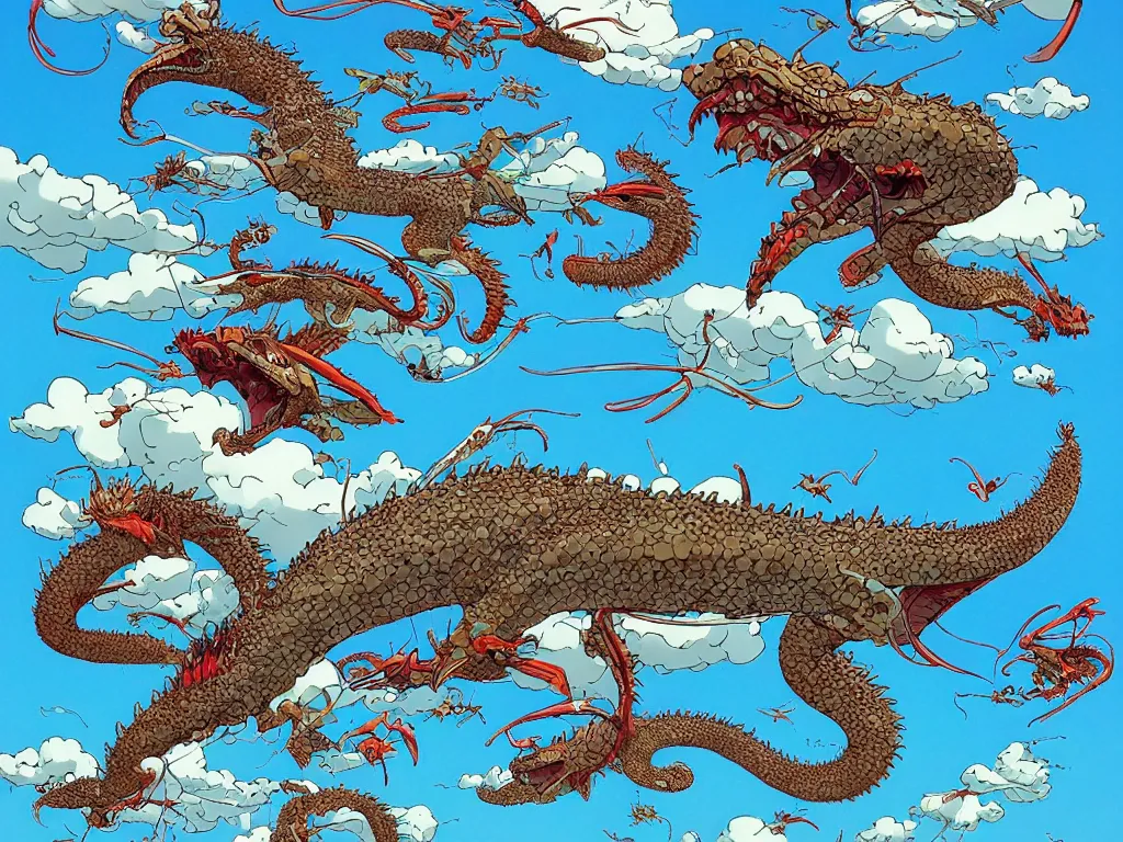Prompt: blue dragon flying in the clouds, by Geof Darrow and Roger Dean, science fiction, trending on artstation