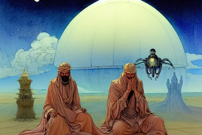 Image similar to a hyperrealist watercolour character concept art portrait of a middle eastern merchant keeling down in prayer in front of an elegant alien with 1 2 eyes on a misty night in the desert. a ufo is in the background. by rebecca guay, michael kaluta, charles vess and jean moebius giraud