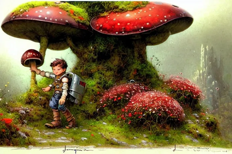 Image similar to adventurer ( ( ( ( ( 1 9 5 0 s retro future robot android boy in forrest of giant mushrooms, moss and flowers stone bridge. muted colors. ) ) ) ) ) by jean baptiste monge!!!!!!!!!!!!!!!!!!!!!!!!! chrome red