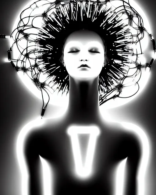 Image similar to black and white dreamy spiritual connected young female cyborg - plant goddess high quality photo, microchip, artificial intelligence, bio - mechanical bio - luminescence, black wired cables, neurons, nerve cells, cinematic, rim light, photo - realistic, elegant, high detail, 8 k, masterpiece, high fashion