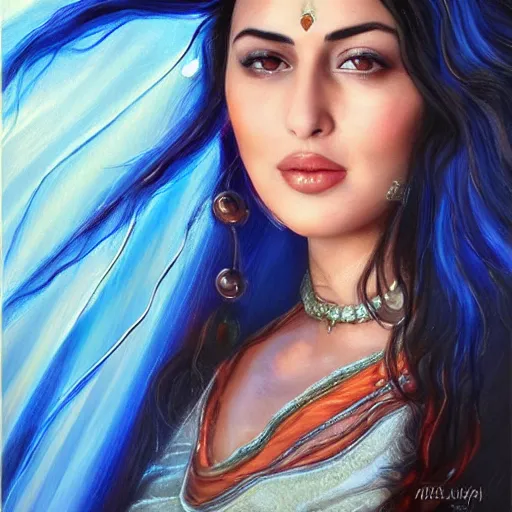 Prompt: Beautiful face Portrait of smiling young hindu Monica Bellucci, really big blue ocean color huge eyes, blue indygo thunder lightning, long wavy black hair, white veil, magic blue fire, focus face, dramatic lighting, intricate, India, wild, highly detailed, digital painting, artstation, concept art, smooth, sharp focus, illustration, art by artgerm and greg rutkowski and alphonse mucha, footage from space camera