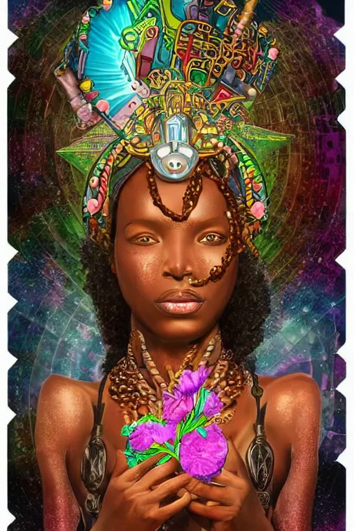 Image similar to opalescent retrofuturistic digital airbrush illustration of an african warrior wearing an ornate gpu headpiece and holding a flower with a map of the collective subconscious in the background by luigi patrignani