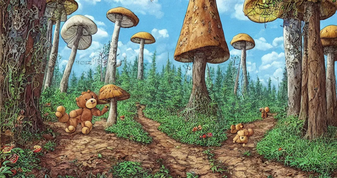 Prompt: teddy bear traveling on a forest road, with by lots of different kind on animals, small and big fairy tale buildings, giant mushrooms, weird creatures, highly detailed, fantasy art, fairy tale illustration, book illustration, by sven nordqvist, by studio ghibly, by tove jansson