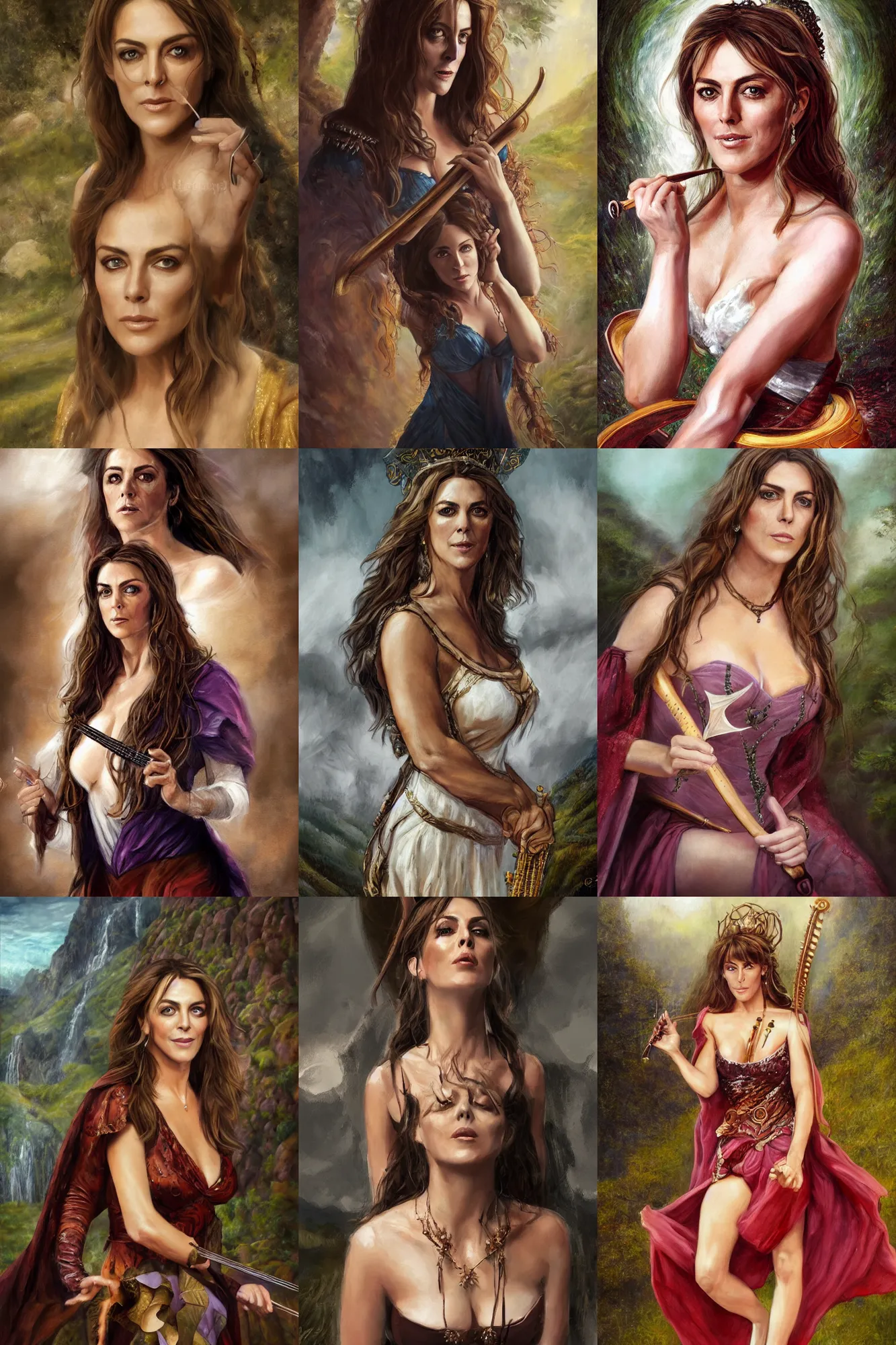 Prompt: a full body high detail fantasy portrait oil painting illustration of elizabeth hurley as a beautiful sophisticated singing bard by justin sweet with face and body clearly visible, in a scenic background, pupils visible, realistic proportions, d & d, rpg, forgotten realms, artstation trending, high quality, sombre mood, artstation trending, muted colours, entire person visible!