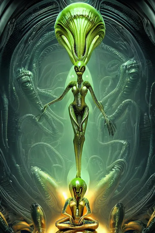 Image similar to glistening elegant queen empress xenomorph alien meditating lotus position surrounded by glowing slimy alien eggs, inside an alien temple shrine. in the style of aliens, by weta workshop, james cameron, h. r. giger, beautiful octane render, extremely intricate, epic composition, cinematic lighting, masterpiece, trending on artstation, cinematic dramatic atmosphere, matte painting