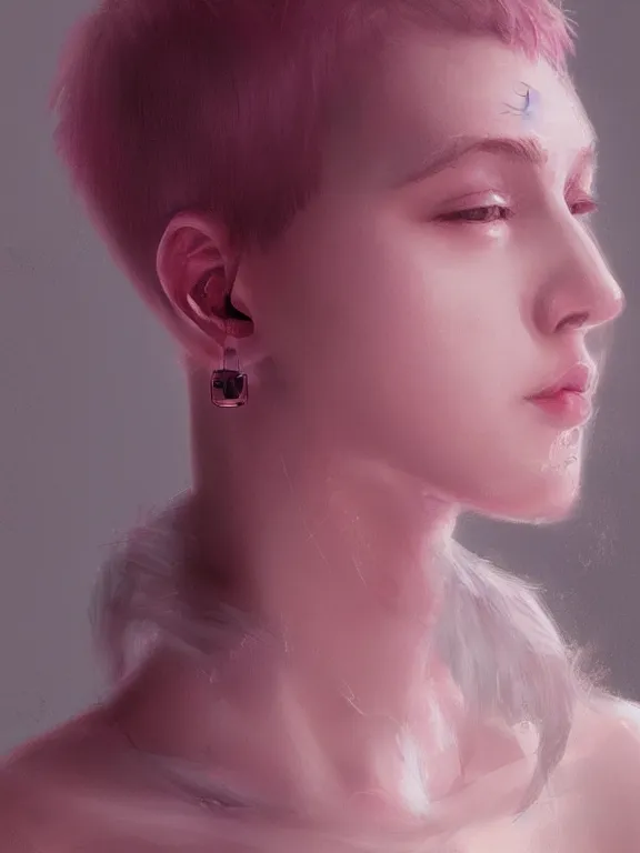 Image similar to beautiful russian girl with short pink hair and nose piercing, wearing airpods, thin round earrings, winds of winter, au naturel, hyper detailed, digital art, trending in artstation, cinematic lighting, studio quality, smooth render, octane rendered, concept art, sharp focus, illustration, art by artgerm and greg rutkowski and wlop