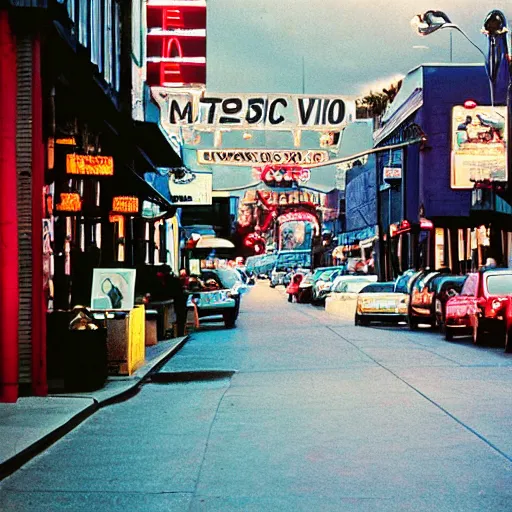 Prompt: award winning photo by fred herzog of a street in vancouver, shops, signs