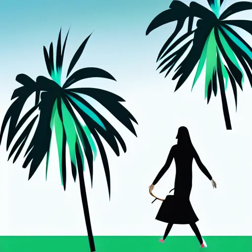 Prompt: woman walking with backdrop showing the sky, palm trees. in minimal colourful geometric illustration style digital painting