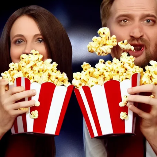 Image similar to hyper realistic, two headed human eating popcorn at the cinema