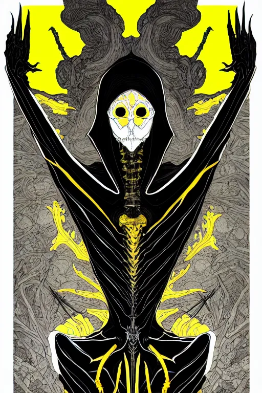 Image similar to black and yellow flat color, artgerm, joshua middleton, mucha, richard corben, wayne barlowe, moebius, heavy metal comic cover art, psychedelic triangular skeletal calcification fungus lich in darkiron spike armor, full body, hollow eyes, symmetrical face, long black crown, in a dungeon background, moody dark colors