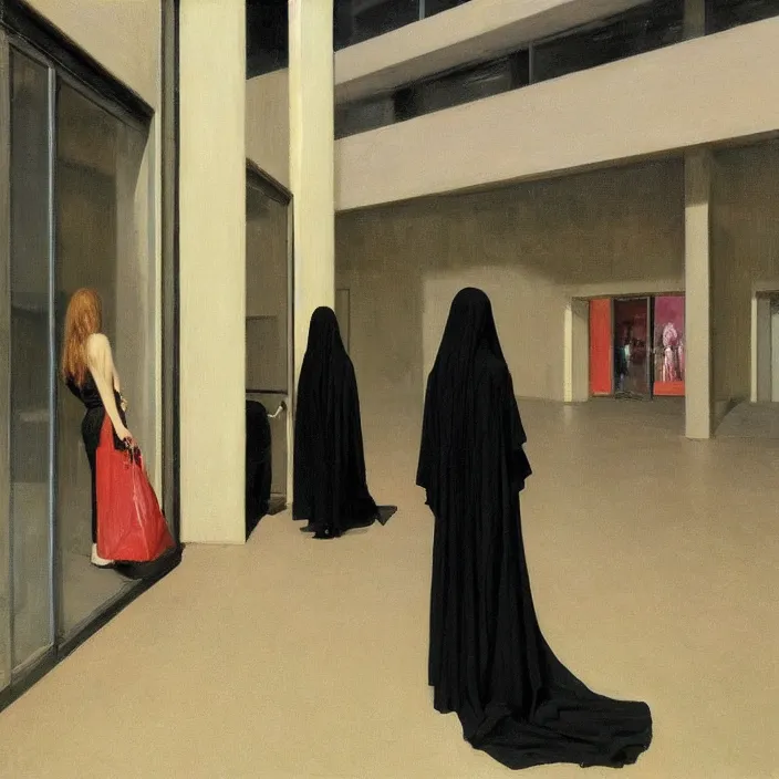 Image similar to woman in black robes, back to us, in magnificent shopping mall, artstation, art by edward hopper, zdislav beksinski, wayne barlowe, edward hopper