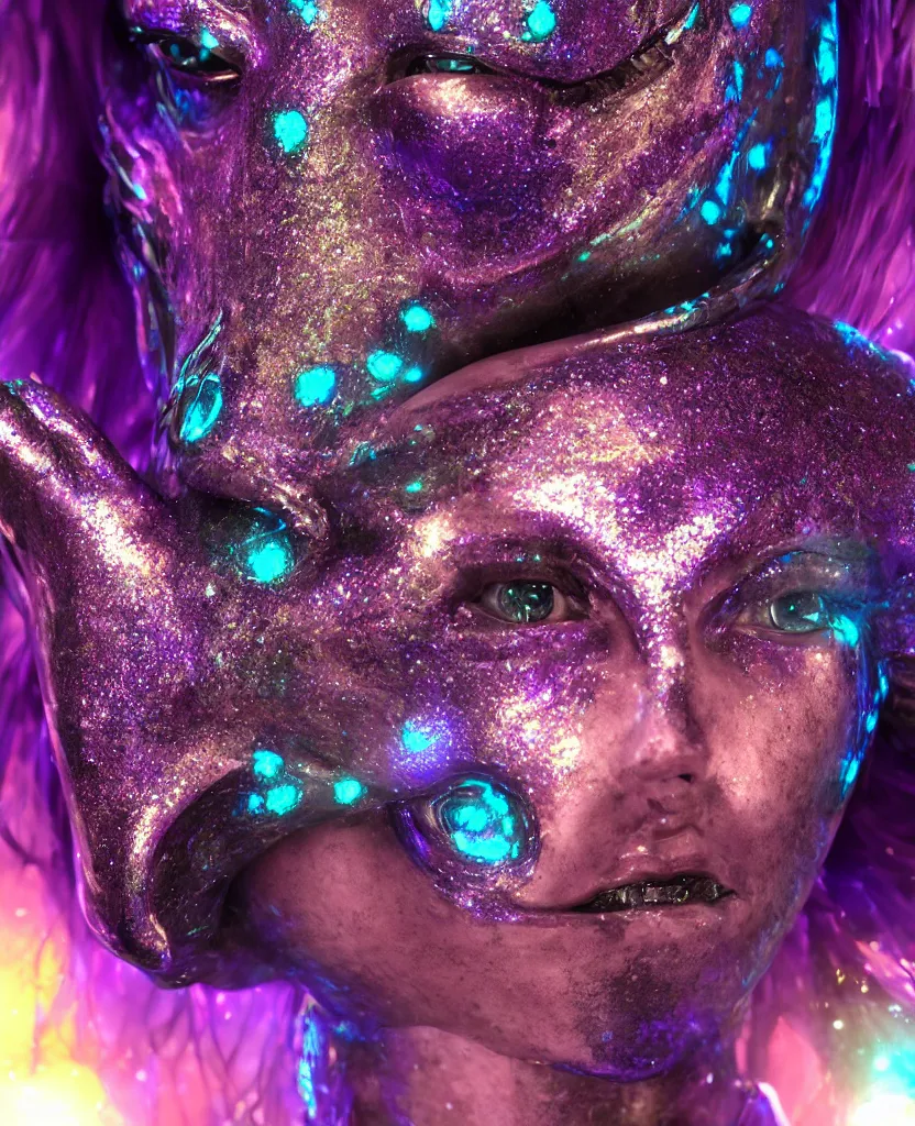 Image similar to beautiful blue alien female, ram horns, glitter, specular reflections, shiny skin, eye tattoo, portrait, synthetic full bodysuit colourful fish scale armour, intricate details, farscape, cinematic, octane render, subsurface scattering, bloom, shadows, purple glowy background, volumetric lighting