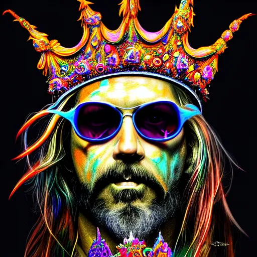 Prompt: An extremely psychedelic portrait of Rob Zombie wearing a crown and sunglasses, surreal, LSD, face, detailed, intricate, elegant, lithe, highly detailed, digital painting, artstation, concept art, smooth, sharp focus, illustration
