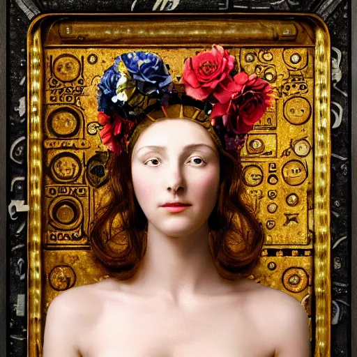 Prompt: portrait of a beautiful young cyborg woman with a big steampunk flower crown and part mechanical face , Metropolis, by Leonardo Da Vinci in the style of Man Ray