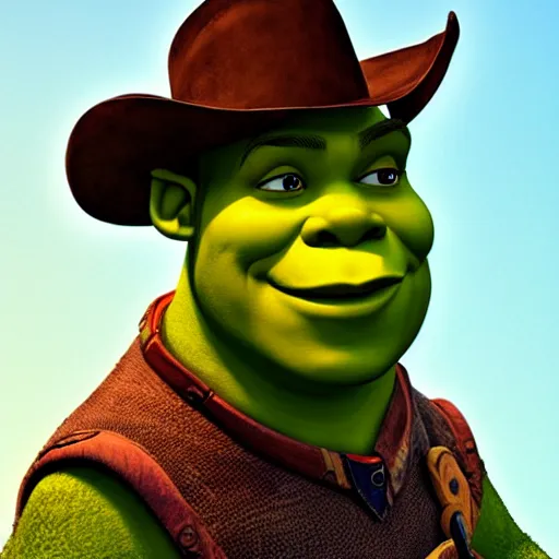 Image similar to Shrek as a cowboy, made by Dreamworks Animation, trending on artstation, 8k, hyperdetalied