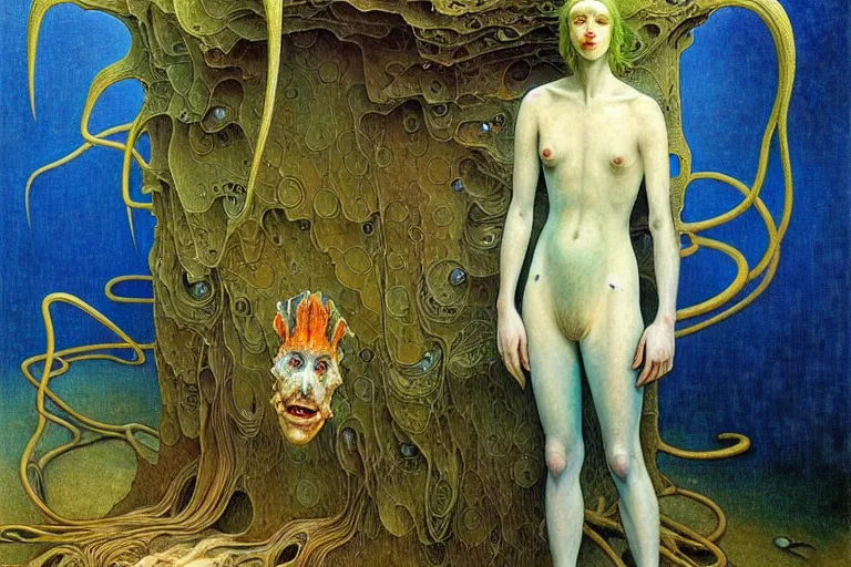 Image similar to realistic extremely detailed portrait painting of a bizarre creature sitting in the corner of an abandoned house, futuristic sci-fi landscape on background by Jean Delville, Amano, Yves Tanguy, Alphonse Mucha, Ernst Haeckel, Edward Robert Hughes, Roger Dean, rich moody colours, blue eyes