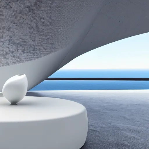Prompt: perfume bottle on a white zen clean modern minimalist white counter in front of large circular portal with ocean view, frozen and covered in ice, by peter tarka in an ivory room well contoured smooth fair walls, zaha hadid octane highly render, 4 k, ultra hd,